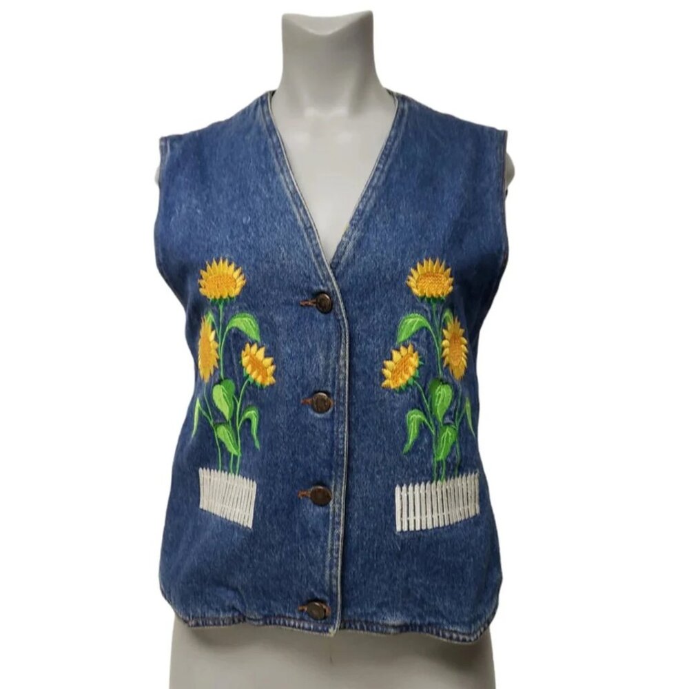 90s - 00s Carol's Denims embroidered sunflower denim vest . small